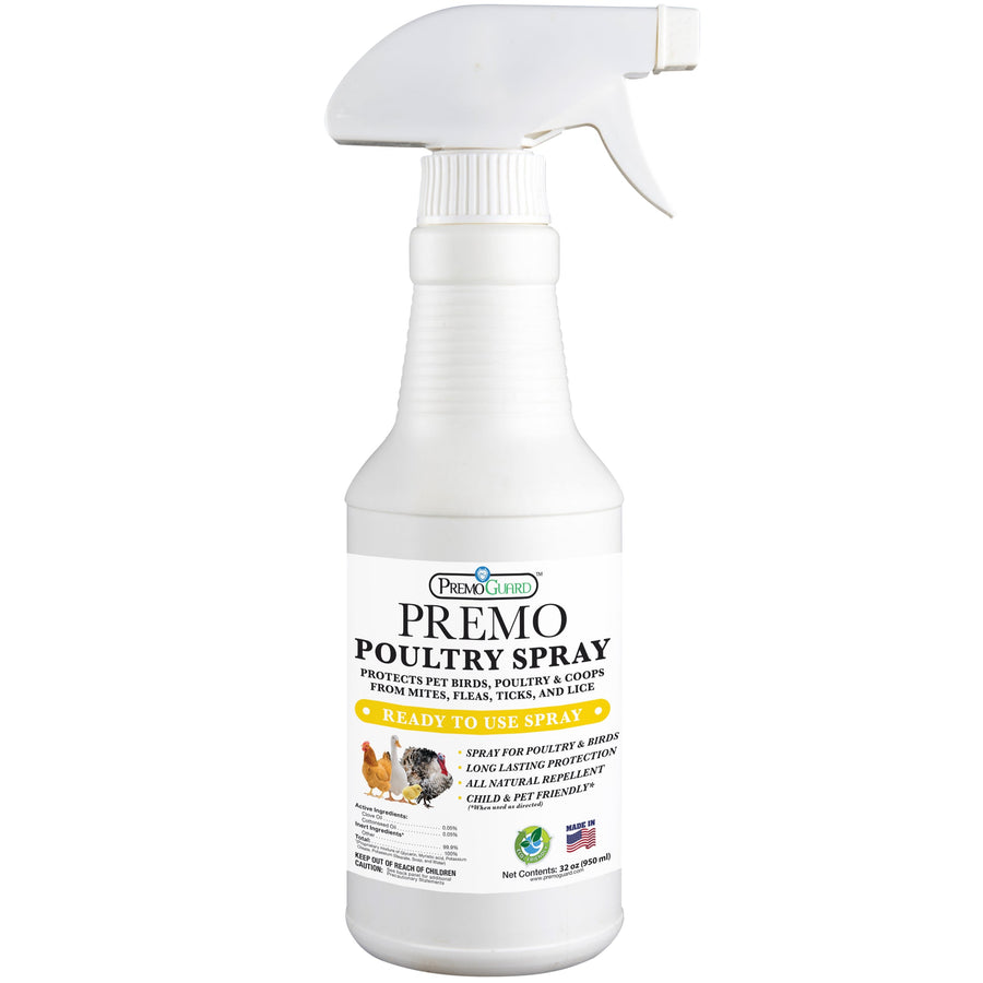 32oz plant-based poultry spray by Premo, designed for mite control in chicken coops.