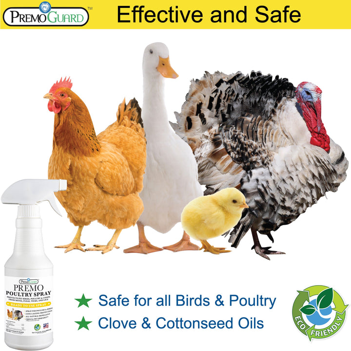 32oz Premo Guard natural poultry spray for mites, plant-based, eco-friendly with essential oils.