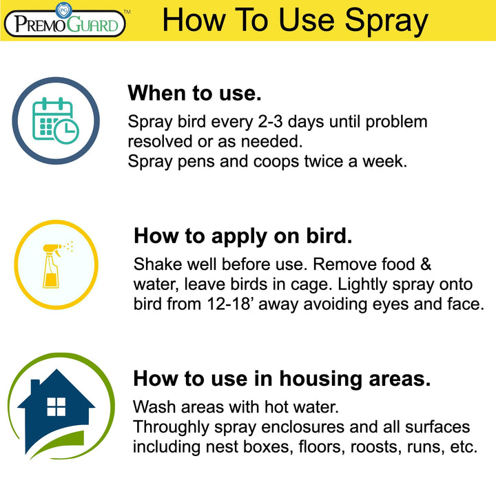 Premo Guard 128oz natural poultry spray bottle for essential oil mite treatment, suitable for chicken care and pest control