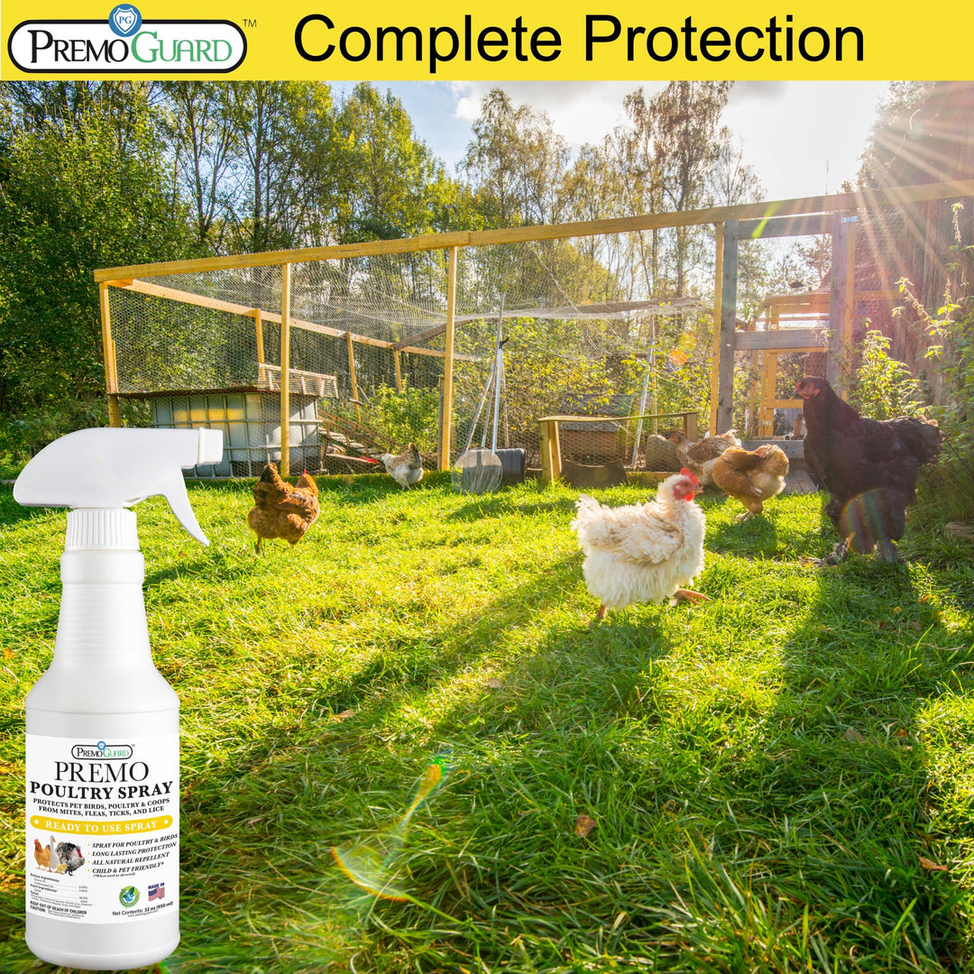 128oz clear spray bottle of Premo Guard Natural Poultry Spray for mite treatment in backyard chickens