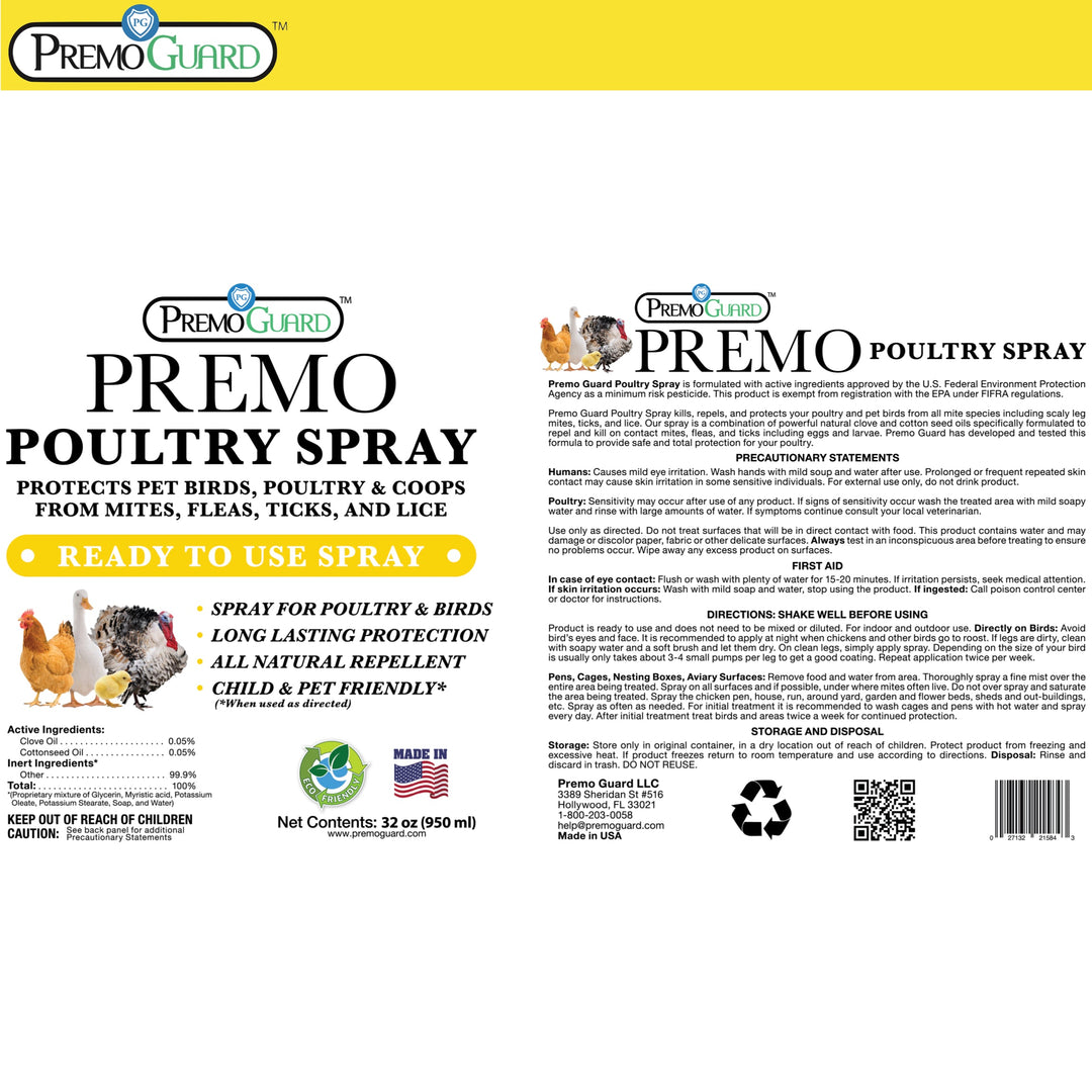 Spray para aves de corral de 947 ml (32 oz) - A base de plantas, totalmente natural, no tóxico - de Premo Guard
