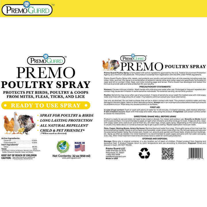 Spray para aves de corral de 947 ml (32 oz) - A base de plantas, totalmente natural, no tóxico - de Premo Guard