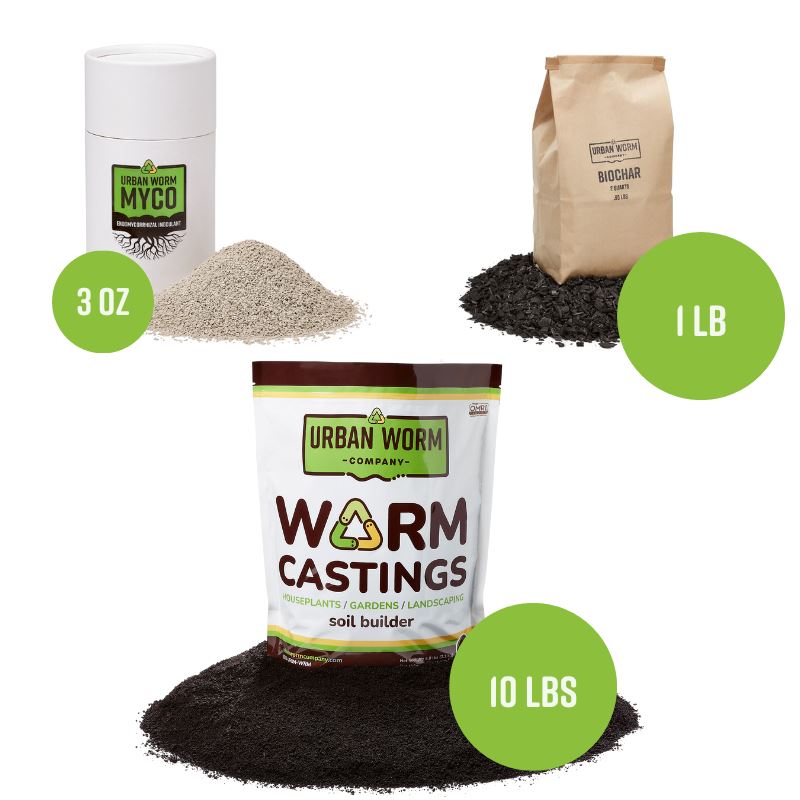 Urban Worm Company premium soil amendment bundle with worm castings, biochar, and mycorrhizae in eco-friendly packaging