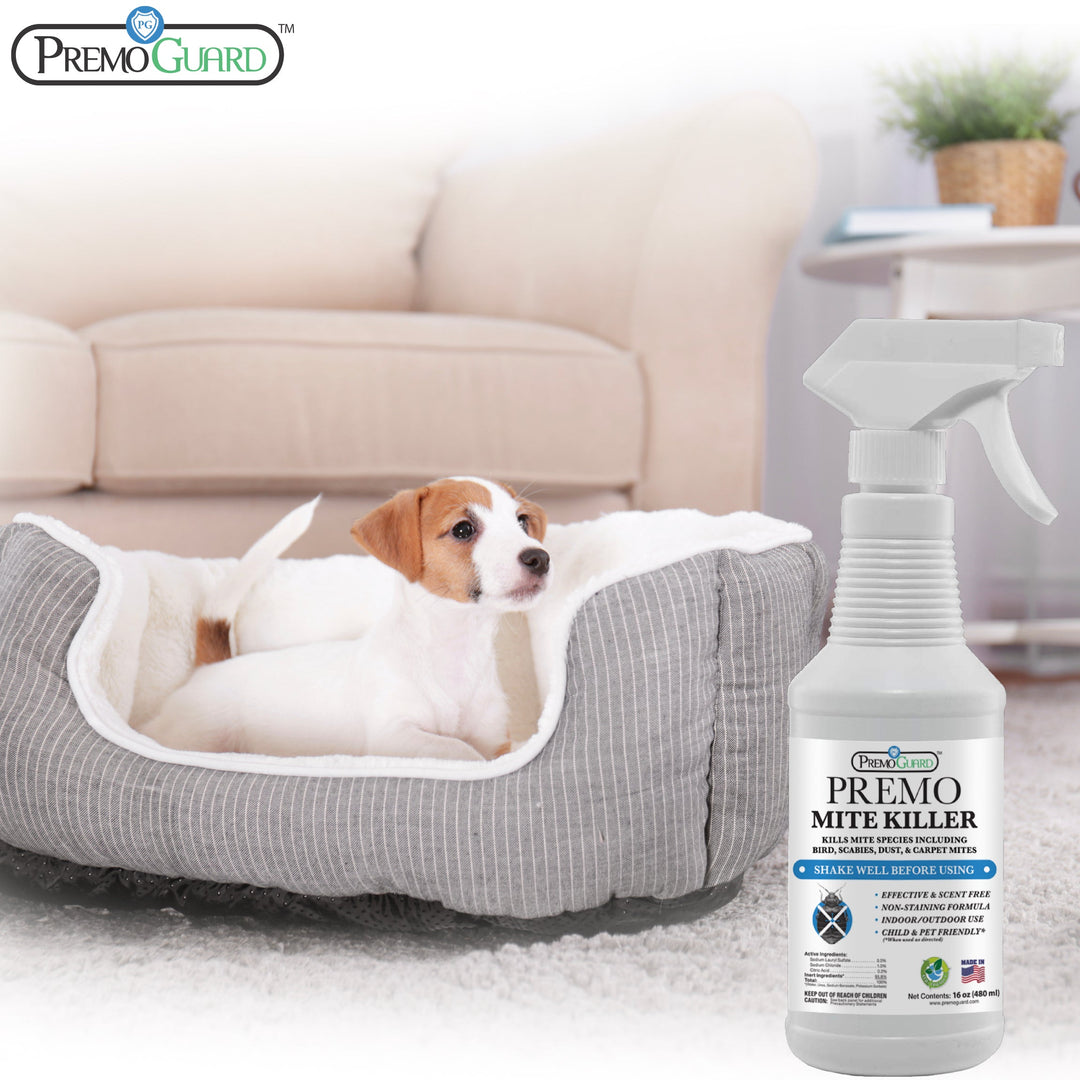 16oz spray bottle of Premo Natural Products Non-Toxic Mite Killer for dust and bird mite control.