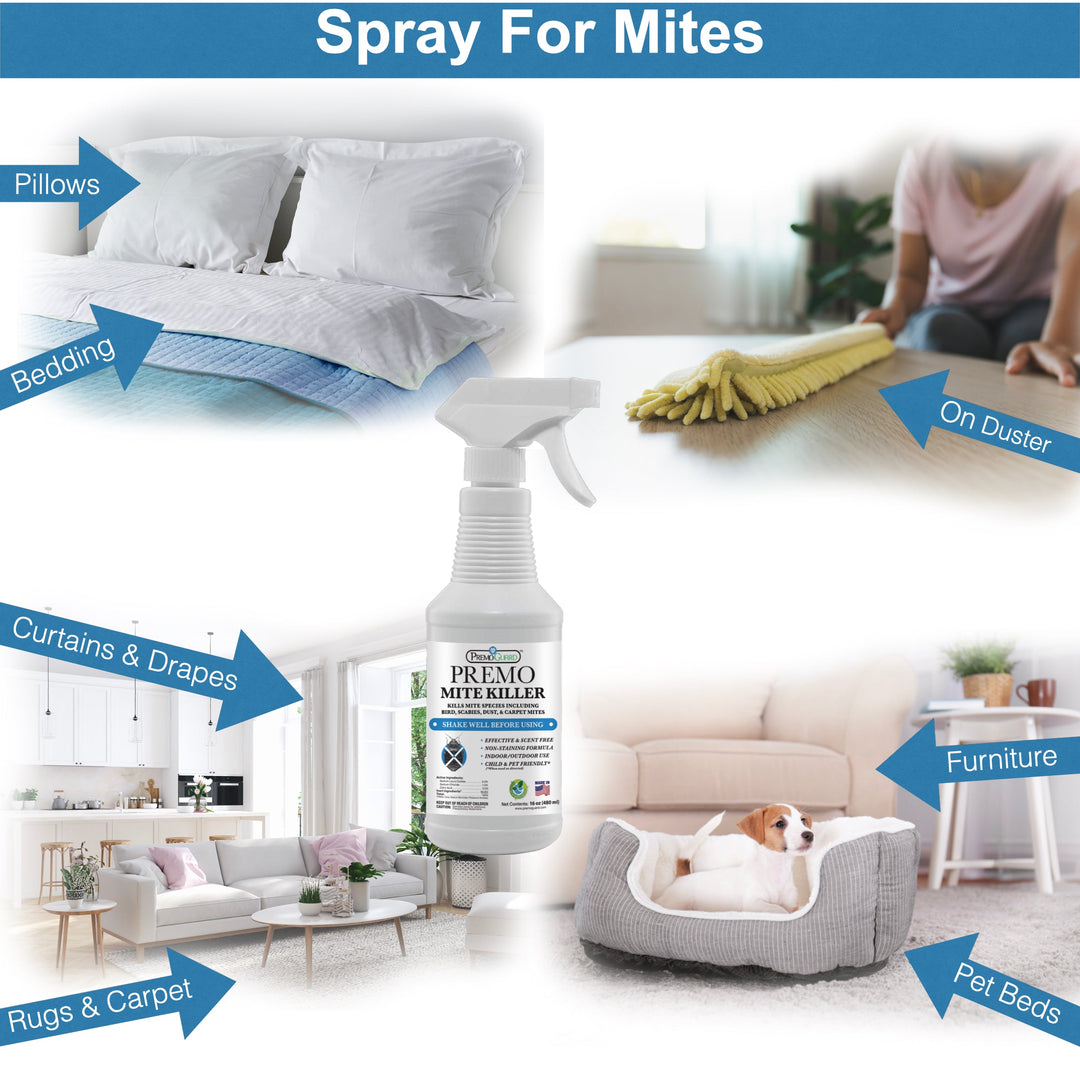 16oz natural mite killer spray bottle by Premo Natural Products for non-toxic dust and bird mite control.