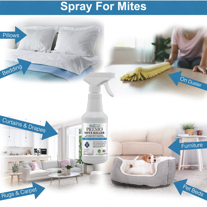 16oz natural mite killer spray bottle by Premo Natural Products for non-toxic dust and bird mite control.
