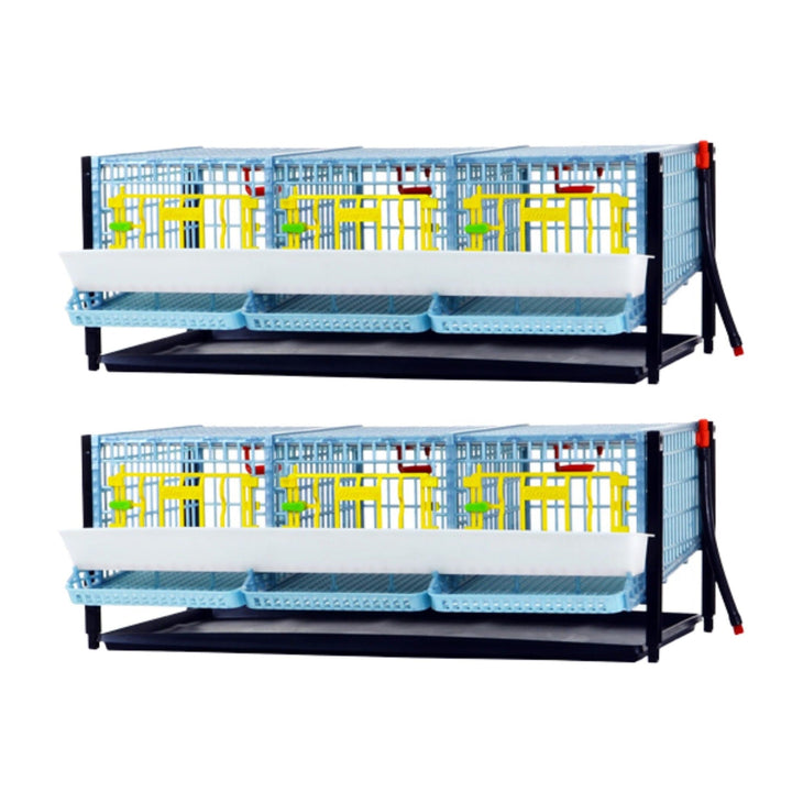 Cimuka stackable double-layer quail cage in durable plastic for 15 birds, featuring traditional and jumbo flooring options.
