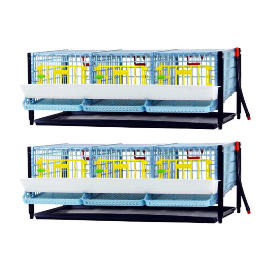 Cimuka stackable double-layer quail cage in durable plastic for 15 birds, featuring traditional and jumbo flooring options.
