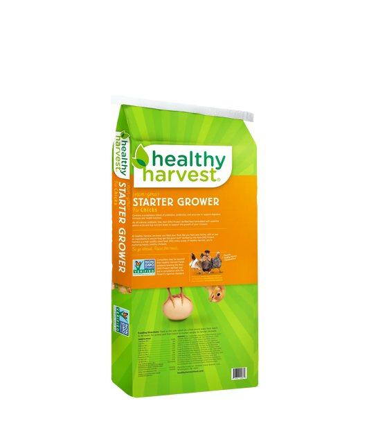 Hatching Time Healthy Harvest Non-GMO Chick Starter Feed, 20% protein, available in 5, 20, and 40 lb bags.