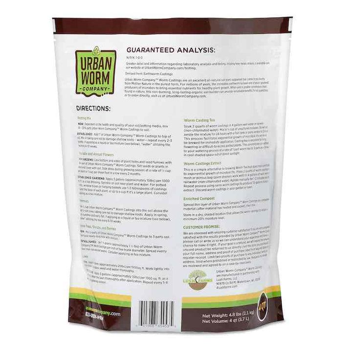 Urban Worm Company organic worm castings in black bag, eco-friendly soil amendment for gardening.
