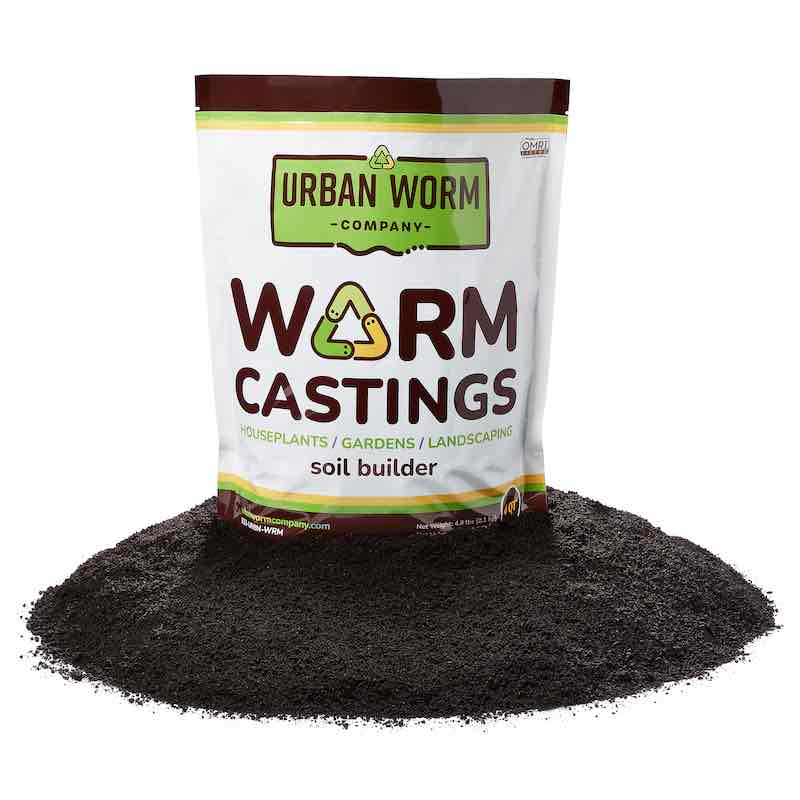 Urban Worm Company organic worm castings in a brown bag for eco-friendly gardening soil improvement.