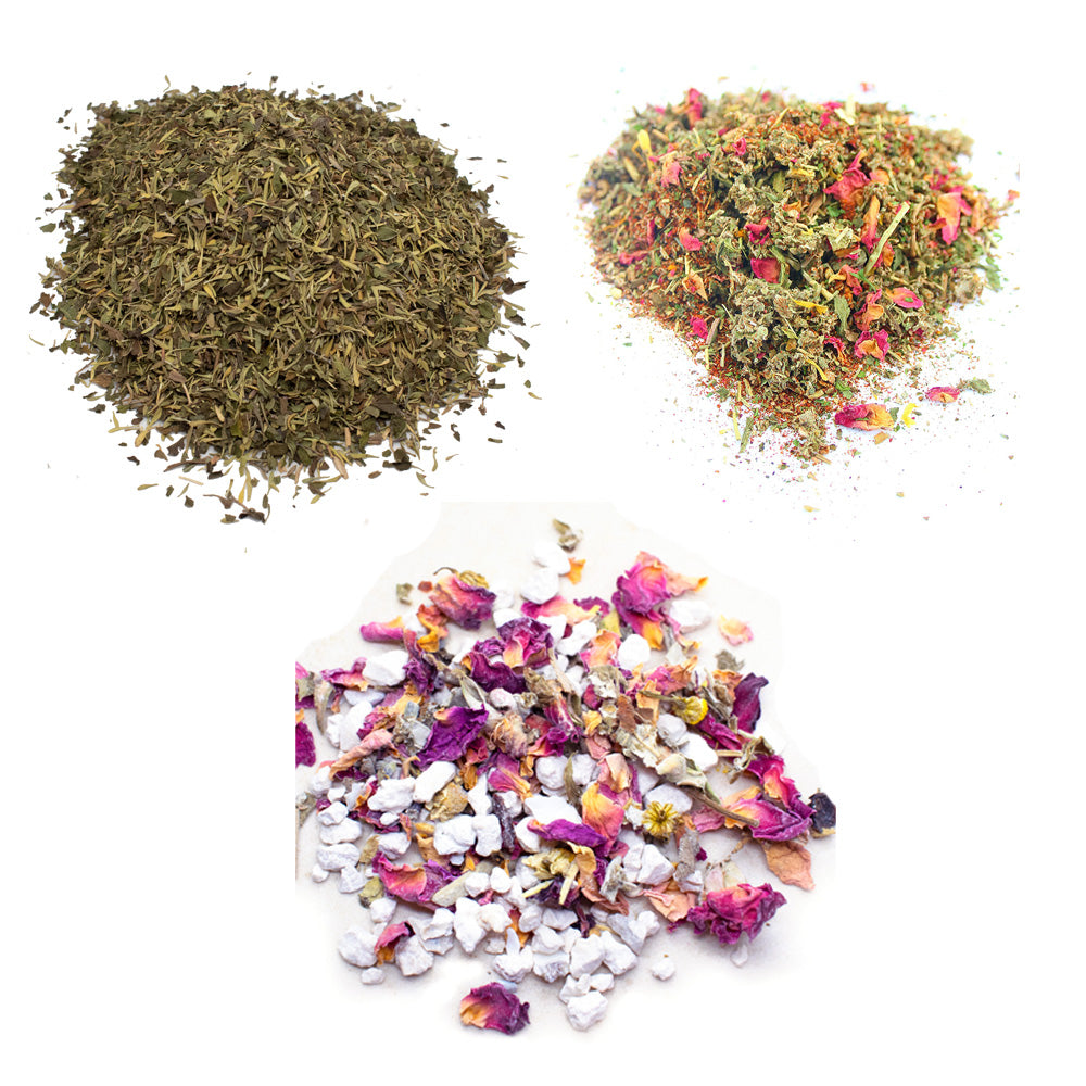 Herbal chicken health mix with green herbs, floral blends, and natural supplements by Dahlia Pets.