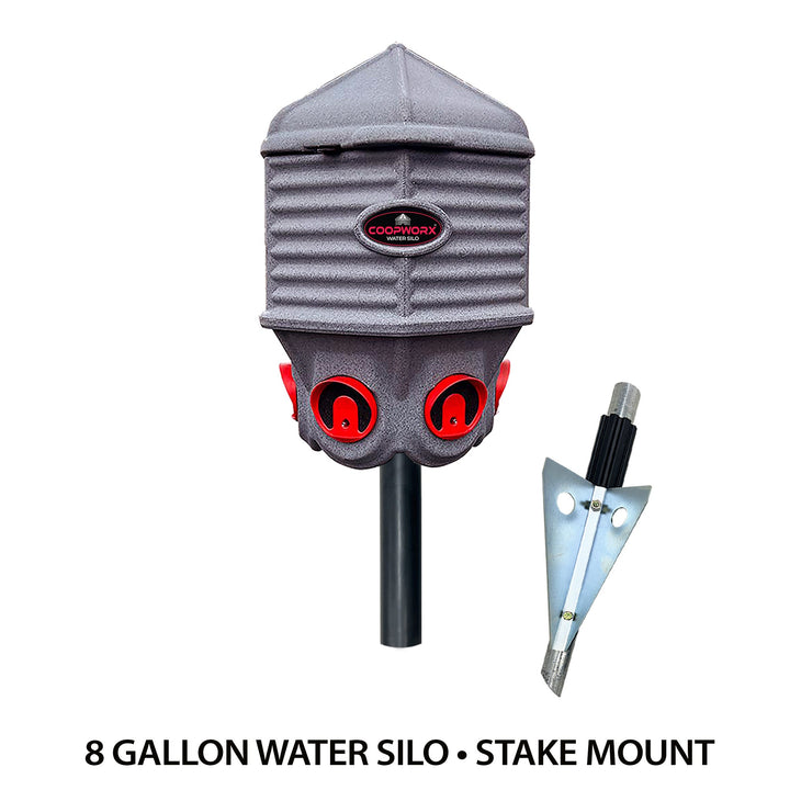 CoopWorx 8-gallon stainless steel water silo with six port nipples for chicken watering