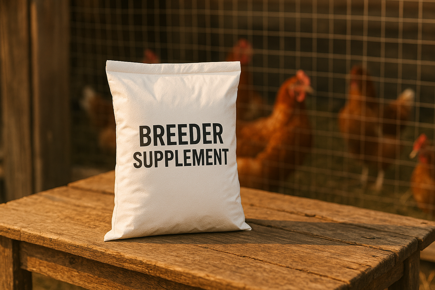 a small white feed bag on a rustic table near a breeder pen of chickens, this is showcasing the feed bag for sale. the feed bag should have the words breeder supplement on it.