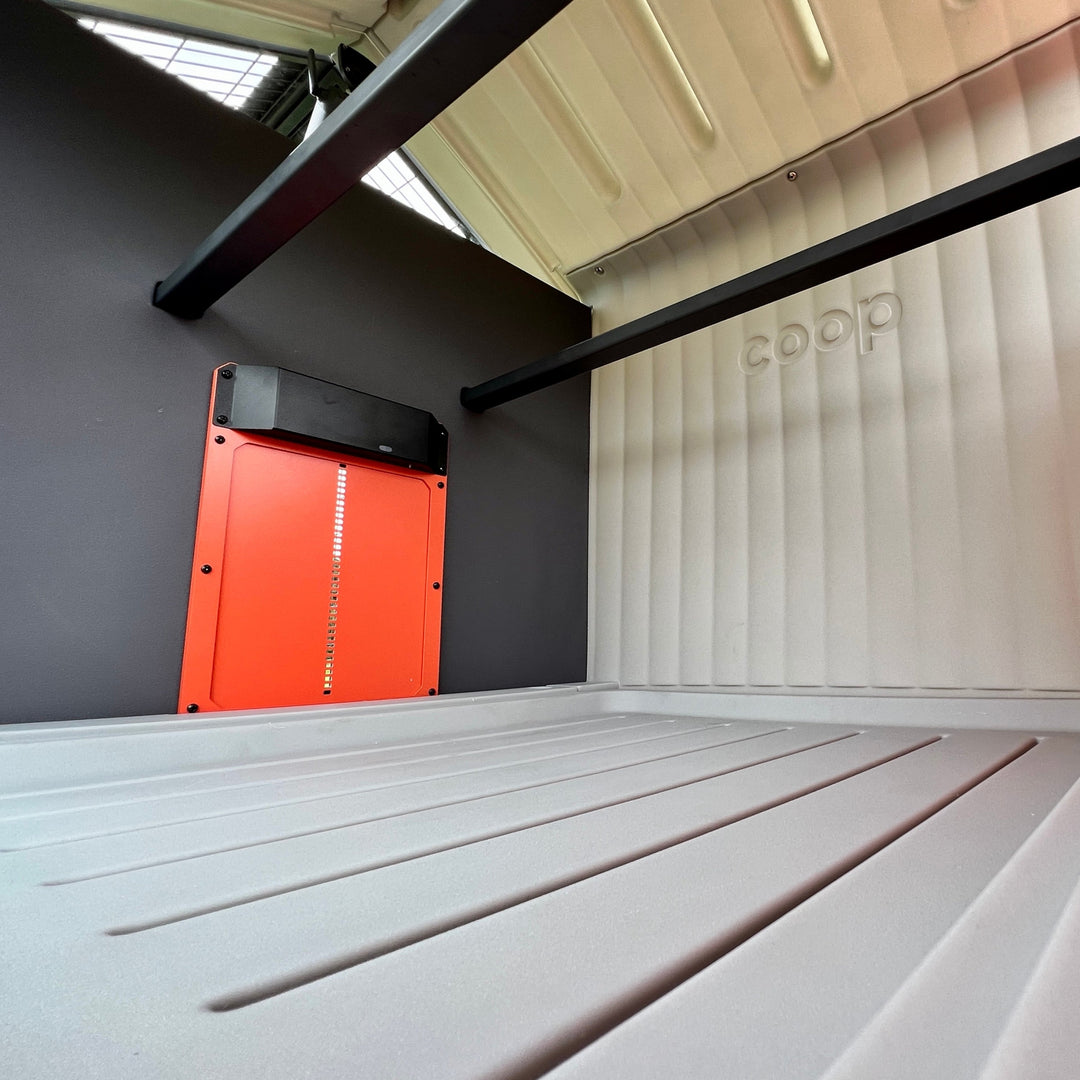 Interior of The Smart Coop automated chicken coop with AI camera and steel construction