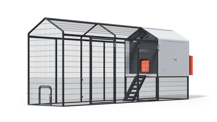 Galvanized steel extended range chicken coop with a mesh run and sloped roof, designed for backyard chickens by The Smart Co