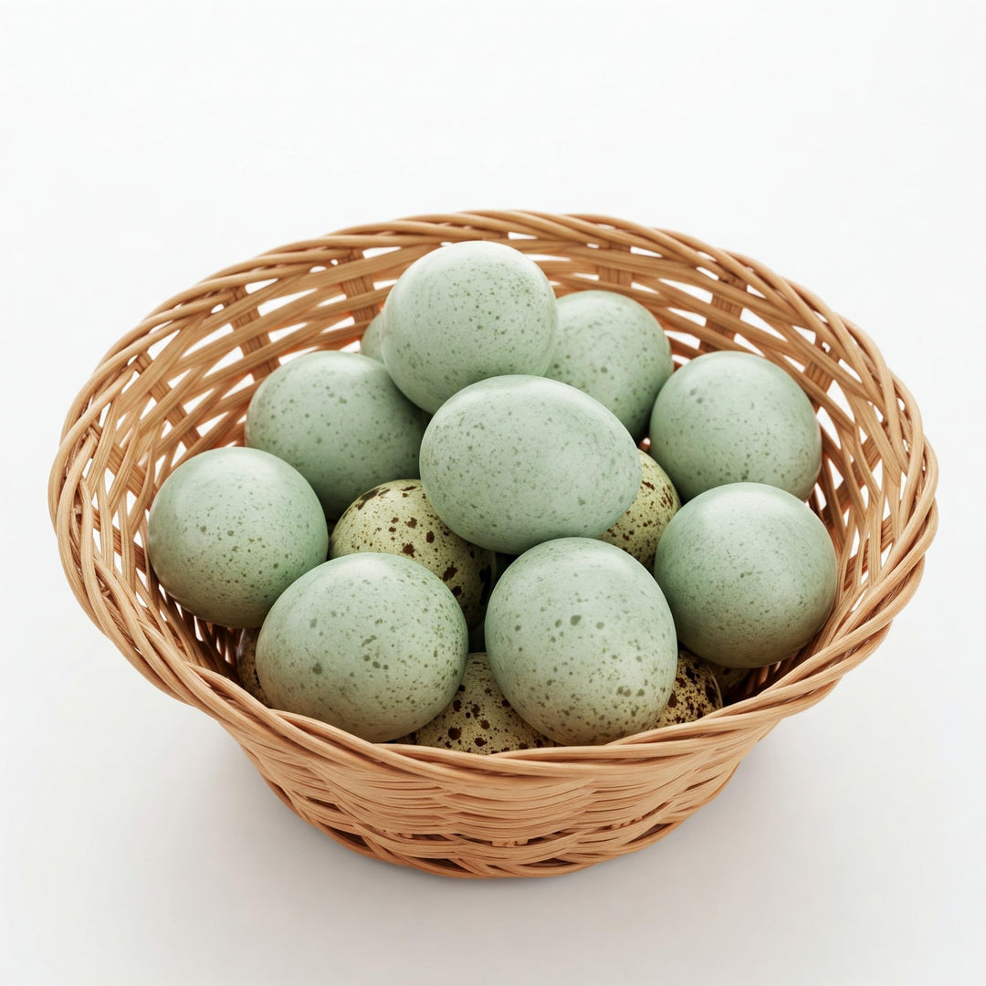 Celadon Coturnix quail hatching eggs in a basket, featuring blue shells and high fertility. Brand: Quailz.com