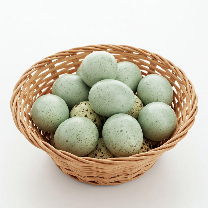Celadon Coturnix quail hatching eggs in a basket, featuring blue shells and high fertility. Brand: Quailz.com