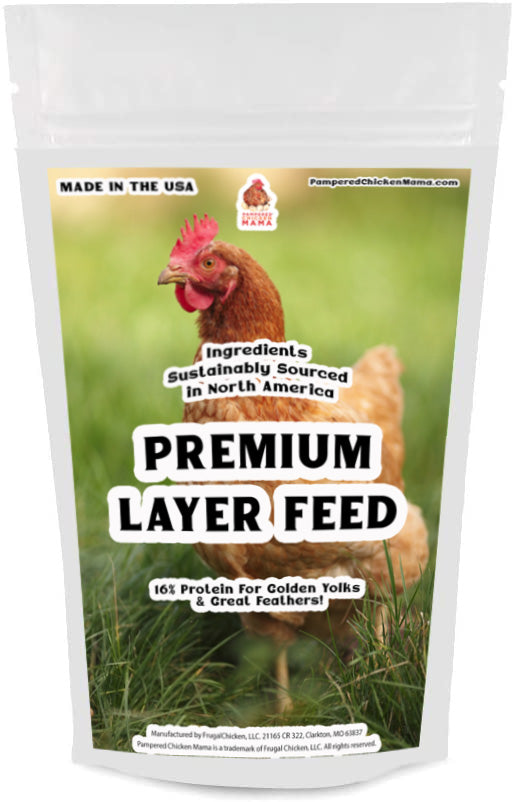 Non-GMO layer feed for chickens with 16% protein, featuring oregano, garlic, and oyster shells in a 10-pound bag.