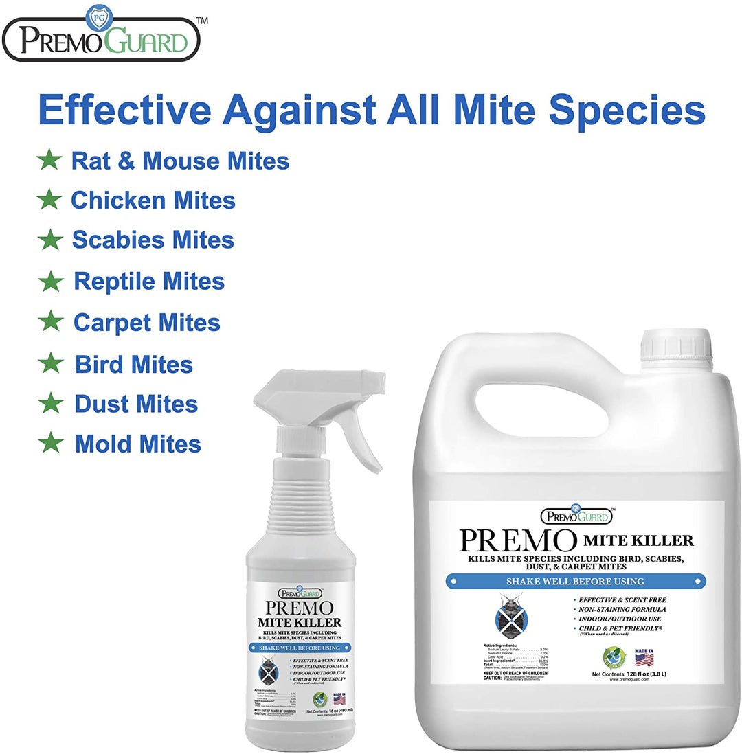 128oz spray bottle of Premo Natural Products Non-Toxic Mite Killer for effective dust and bird mite control