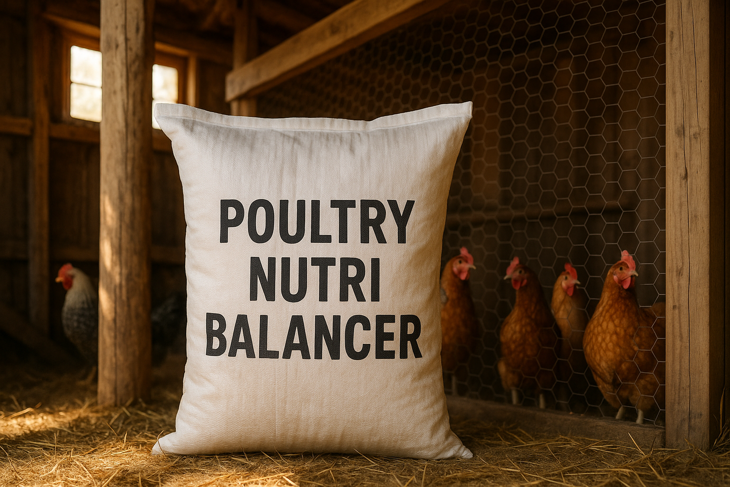 Place a white feed bag with poultry nutri balancer on it, in a small family barn with poultry in their coop in the background. This should be as if displaying the feed for sale.