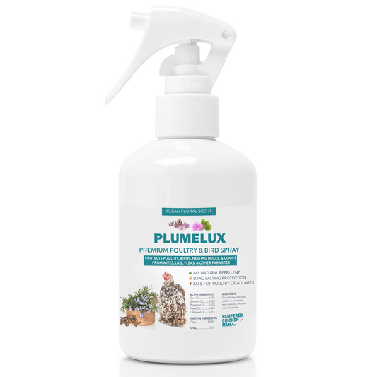 PlumeLux Natural Poultry Spray in white bottle with spray top for mite, lice, and flea control.