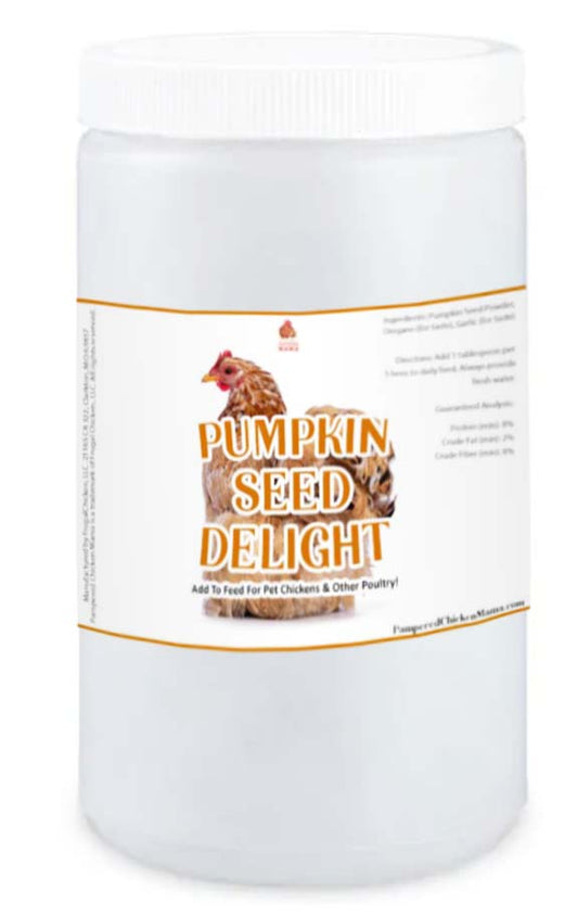 Organic pumpkin seed chicken feed supplement in a 2lb jar, ideal for enhancing chicken health and nutrition.