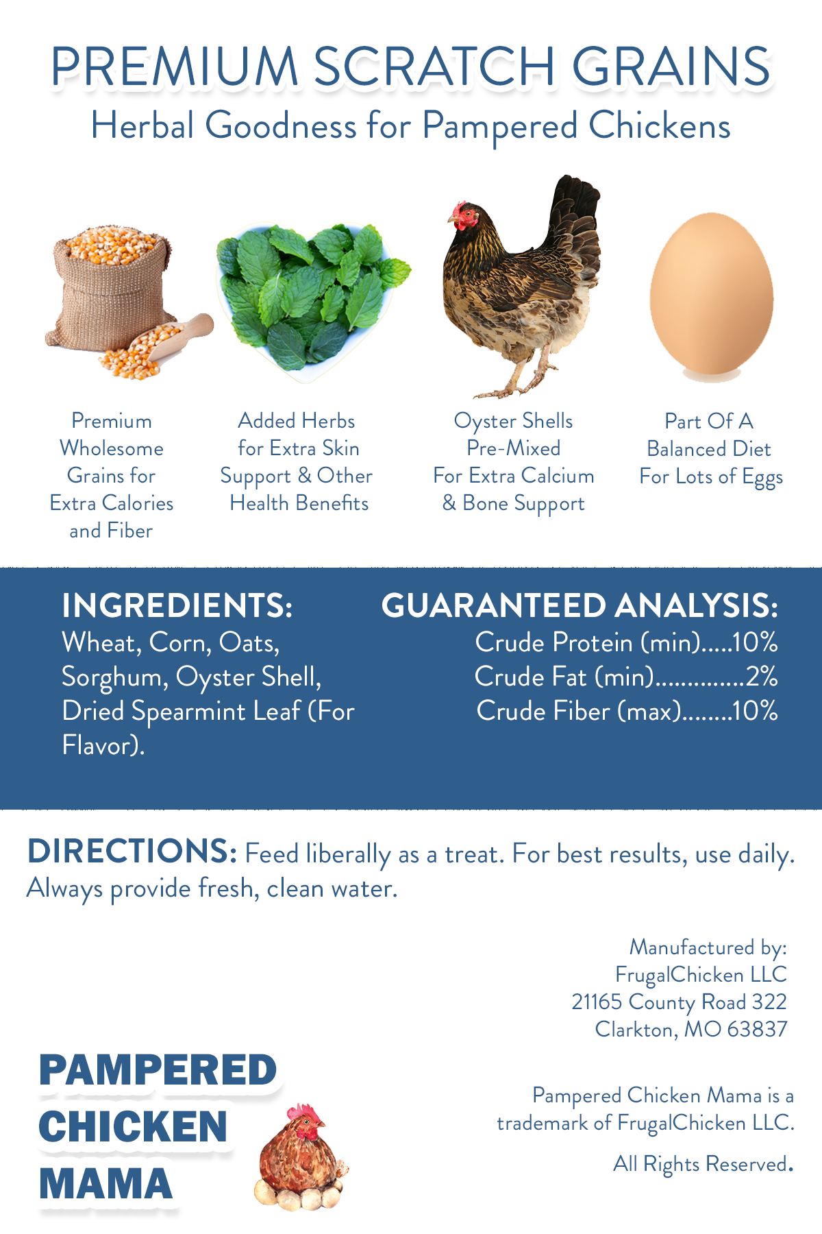 Premium non-GMO chicken scratch grains with herbs, 2.5 to 20 pounds, by Dahlia Pets, featuring whole grains and oyster shell