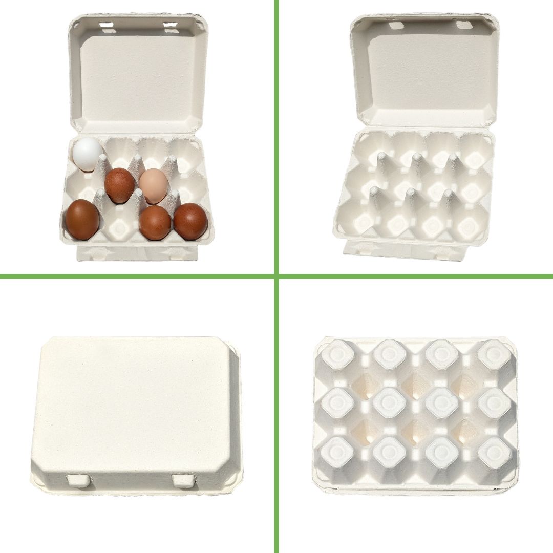 Tan and white cardboard egg cartons with a 3x4 design by My Pet Chicken, available in packs of 25, 65, or 200.