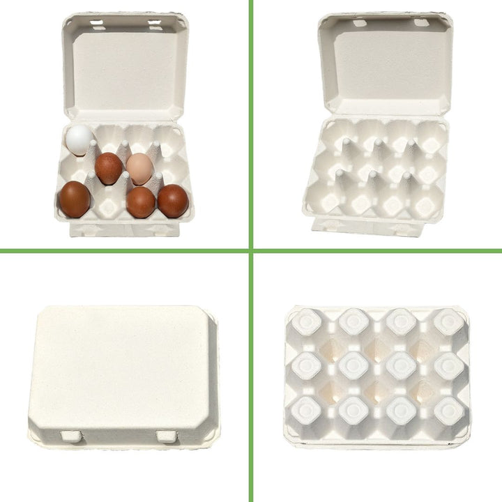 Tan and white cardboard egg cartons with a 3x4 design by My Pet Chicken, available in packs of 25, 65, or 200.