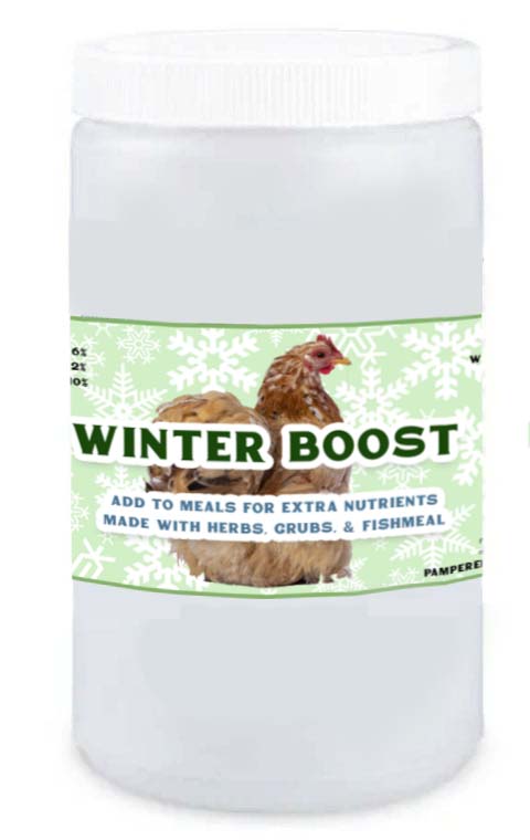 Winter chicken coop herbal supplement jar from Dahlia Pets, 13 lbs, with safe botanical ingredients for comb care.