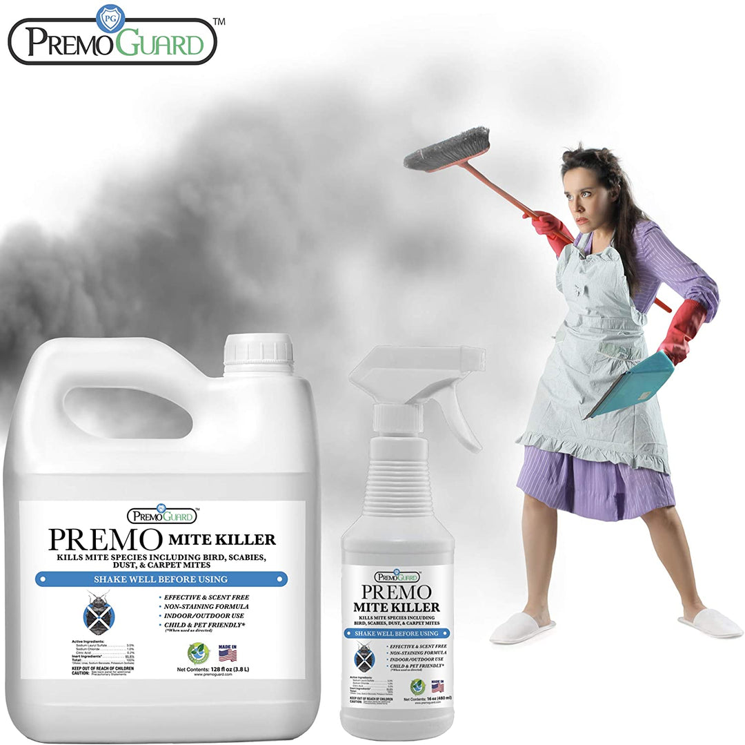 Natural Mite Killer Spray 128oz bottle for non-toxic dust and bird mite control by Premo Natural Products