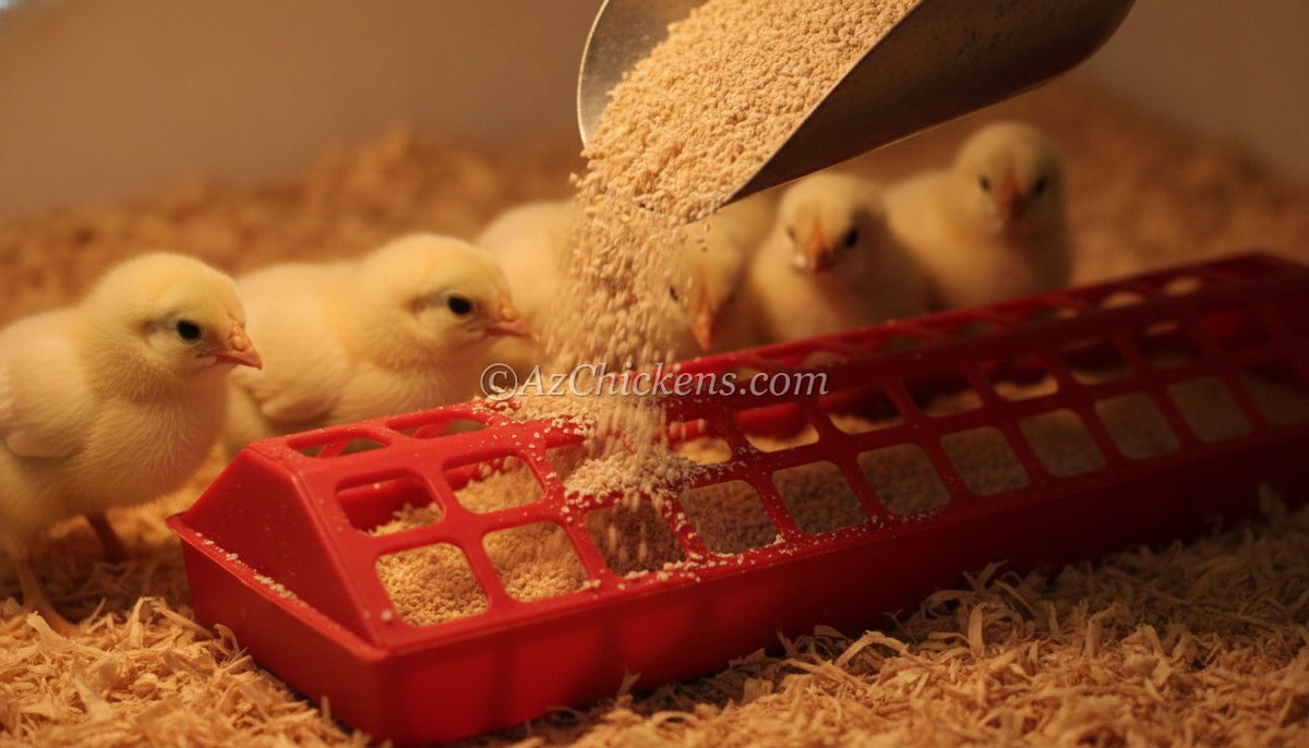 Scoop pouring chick starter crumble into a feeder as chicks gather — the feed choice that decides desert flock health
