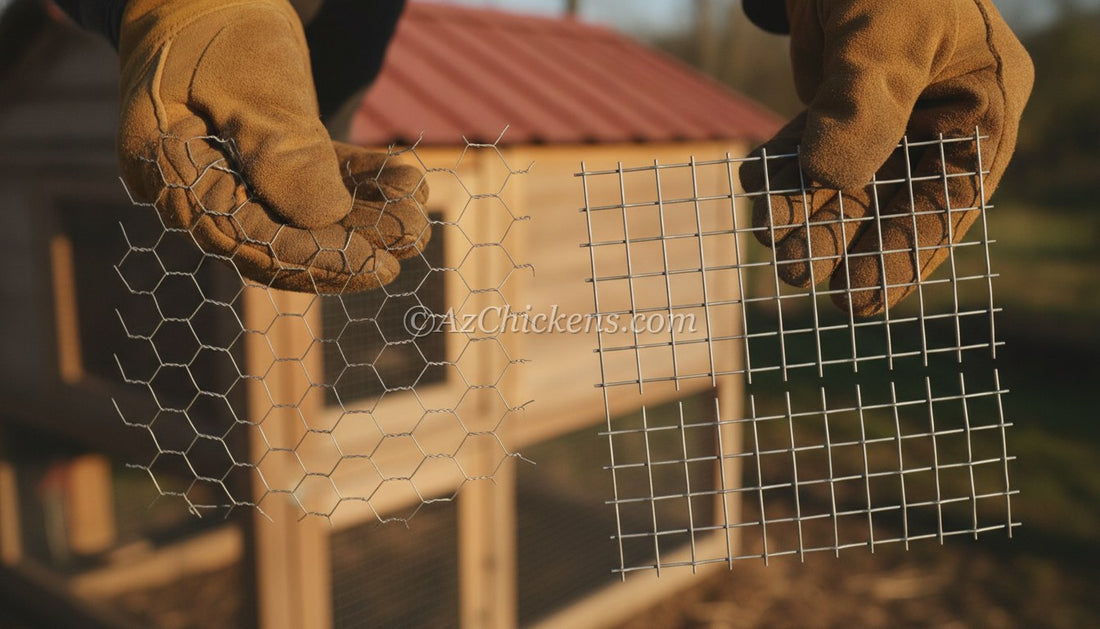 Flimsy chicken wire compared side by side with rigid half-inch hardware cloth
