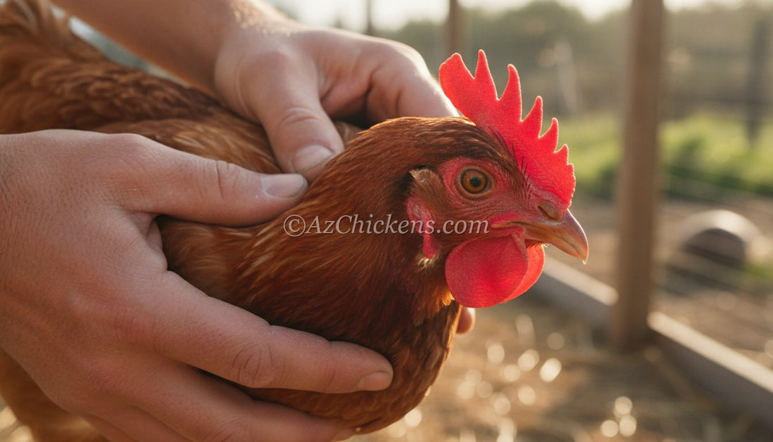 Hands examining a hen's bright red comb and clear eyes during a daily health check