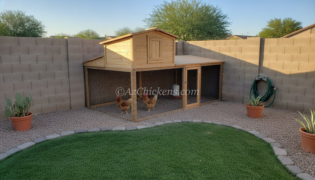 Tidy HOA-friendly backyard chicken coop tucked along a block wall in a suburban Arizona yard