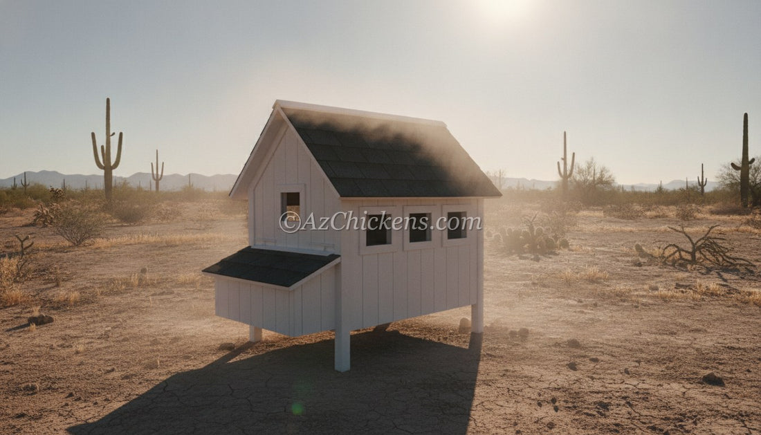 Cute decorative chicken coop baking in full Arizona desert sun with no shade — the oven that kills first flocks