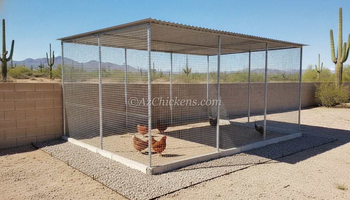 Fully enclosed hardware cloth chicken run with solid roof and gravel apron in the Arizona desert