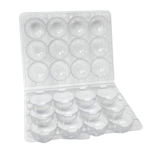 Clear plastic 12-egg carton for quail eggs by Hatching Time, ideal for display and commercial packaging.