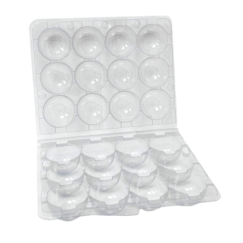 Clear plastic 12-egg carton for quail eggs by Hatching Time, ideal for display and commercial packaging.