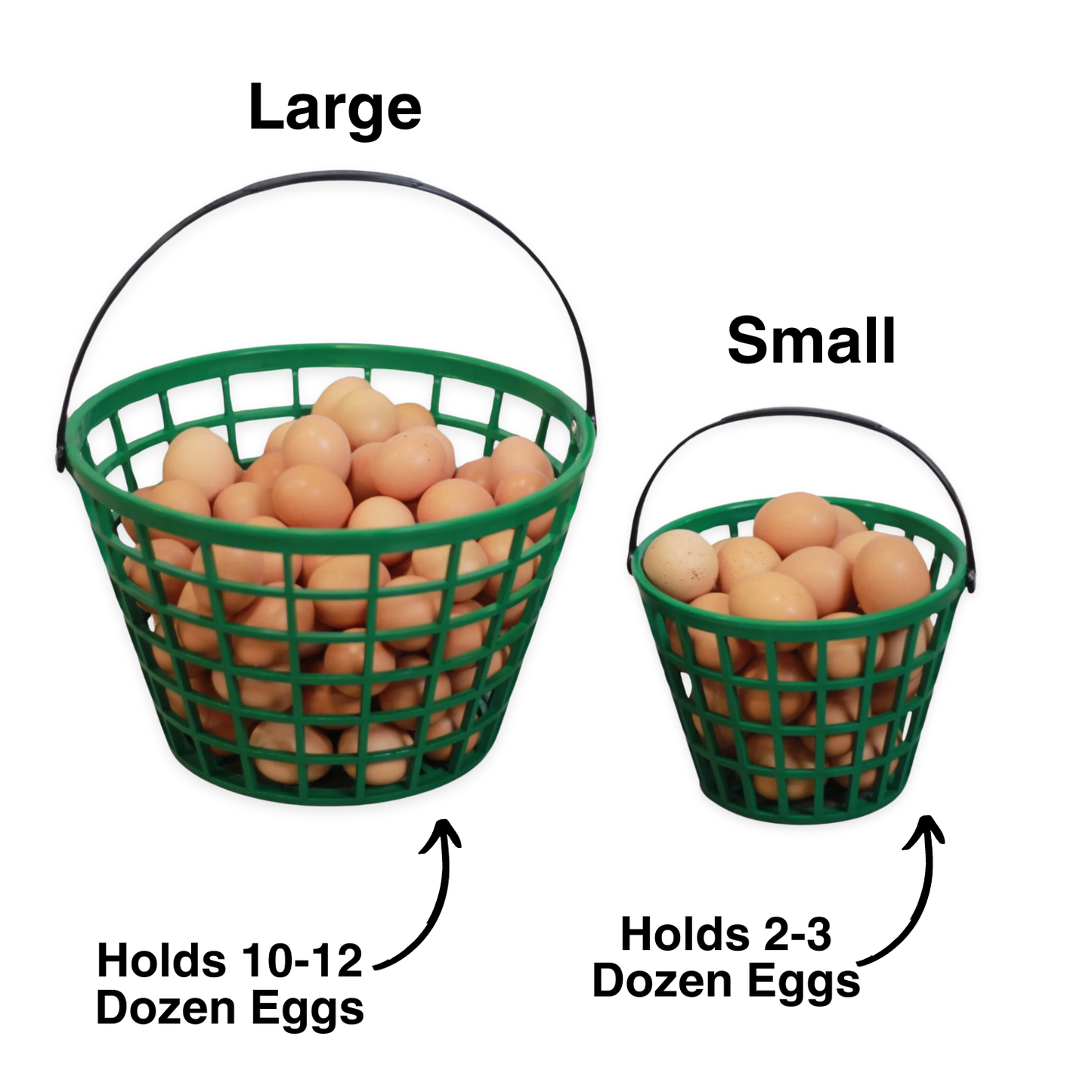 Green plastic egg basket set by HenGear, includes small (holds 2-3 dozen eggs) and large (holds 10-12 dozen eggs) sizes.