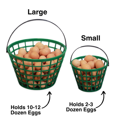 Green plastic egg basket set by HenGear, includes small (holds 2-3 dozen eggs) and large (holds 10-12 dozen eggs) sizes.