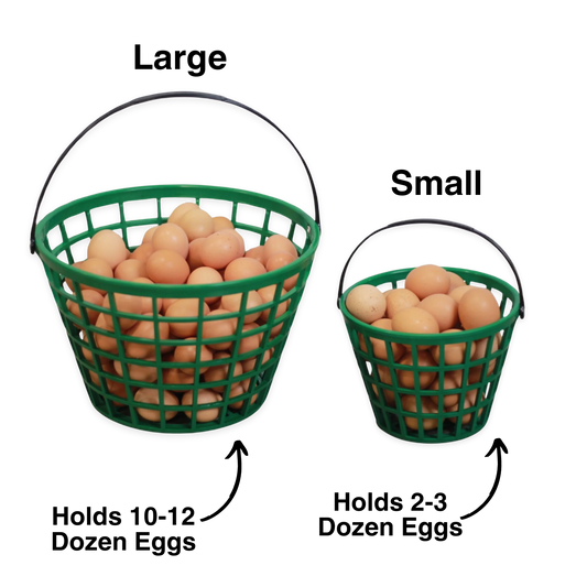 Green plastic egg basket set by HenGear, includes small (holds 2-3 dozen eggs) and large (holds 10-12 dozen eggs) sizes.