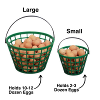 Green plastic egg basket set by HenGear, includes small (holds 2-3 dozen eggs) and large (holds 10-12 dozen eggs) sizes.