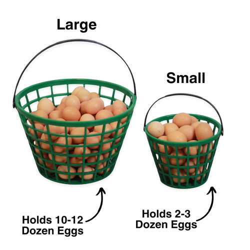 Green plastic egg basket set by HenGear, includes small (holds 2-3 dozen eggs) and large (holds 10-12 dozen eggs) sizes.