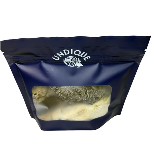 Whole quail chicks dog treats in a resealable blue bag, USA raised, hormone-free, three-count pack by Quailz.com.