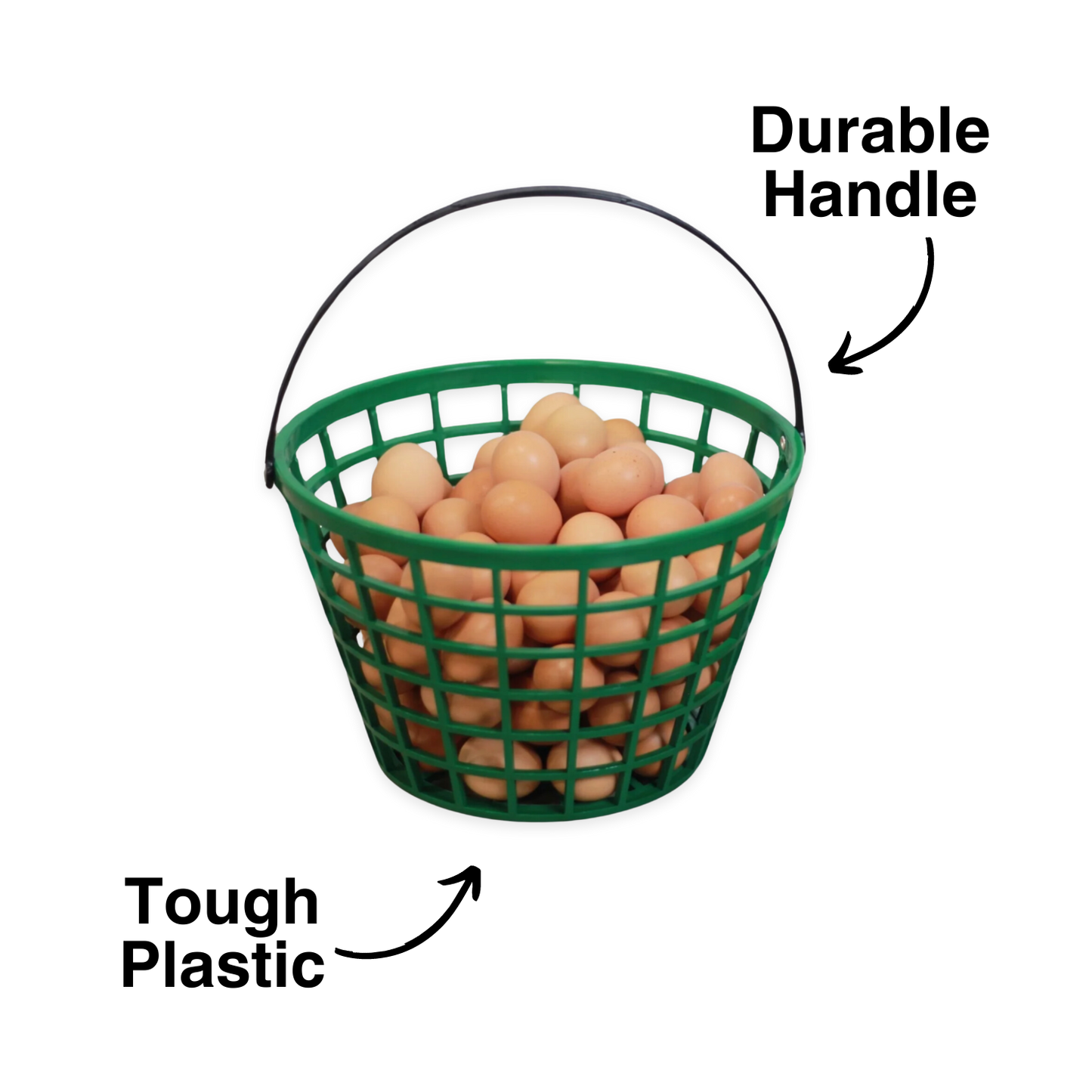 Green plastic egg basket with durable handle, designed for gathering eggs, featuring a spacious mesh design.