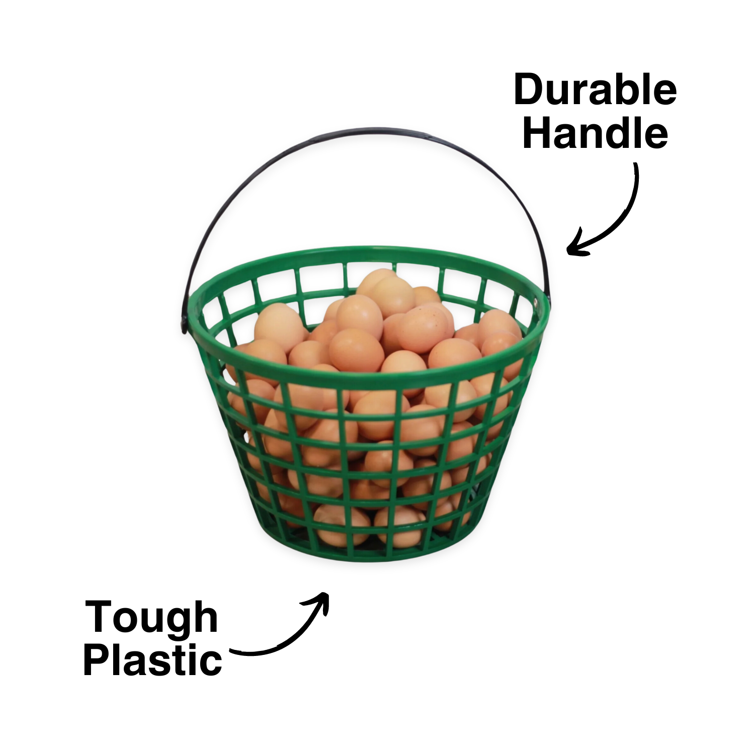 Green plastic egg basket with durable handle, designed for gathering eggs, featuring a spacious mesh design.
