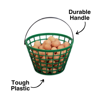 Green plastic egg basket with durable handle, designed for gathering eggs, featuring a spacious mesh design.