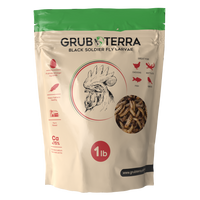 1lb bag of GrubTerra dried black soldier fly larvae for premium chicken treats, featuring a resealable top